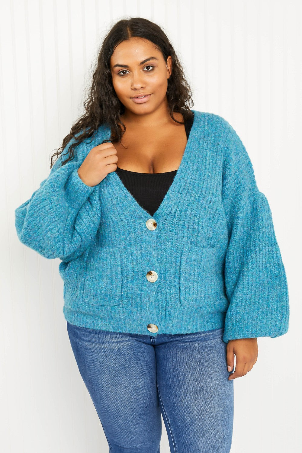 Davi & Dani Just a Fling Full Size Button Down Cardigan - Teal / S