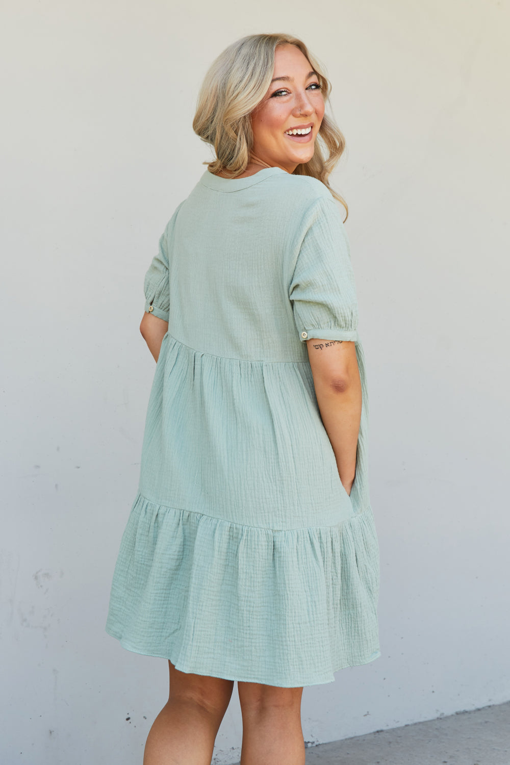 GeeGee Summer Blooms Quarter Button Dress in Light Sage -