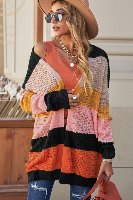 Striped Waffle Knit Open Front Cardigan - Multicolor / S