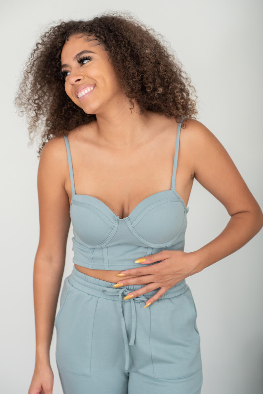 SHOPIRISBASIC Let's Do This Bustier and Joggers Lounge Set in Sage Green -