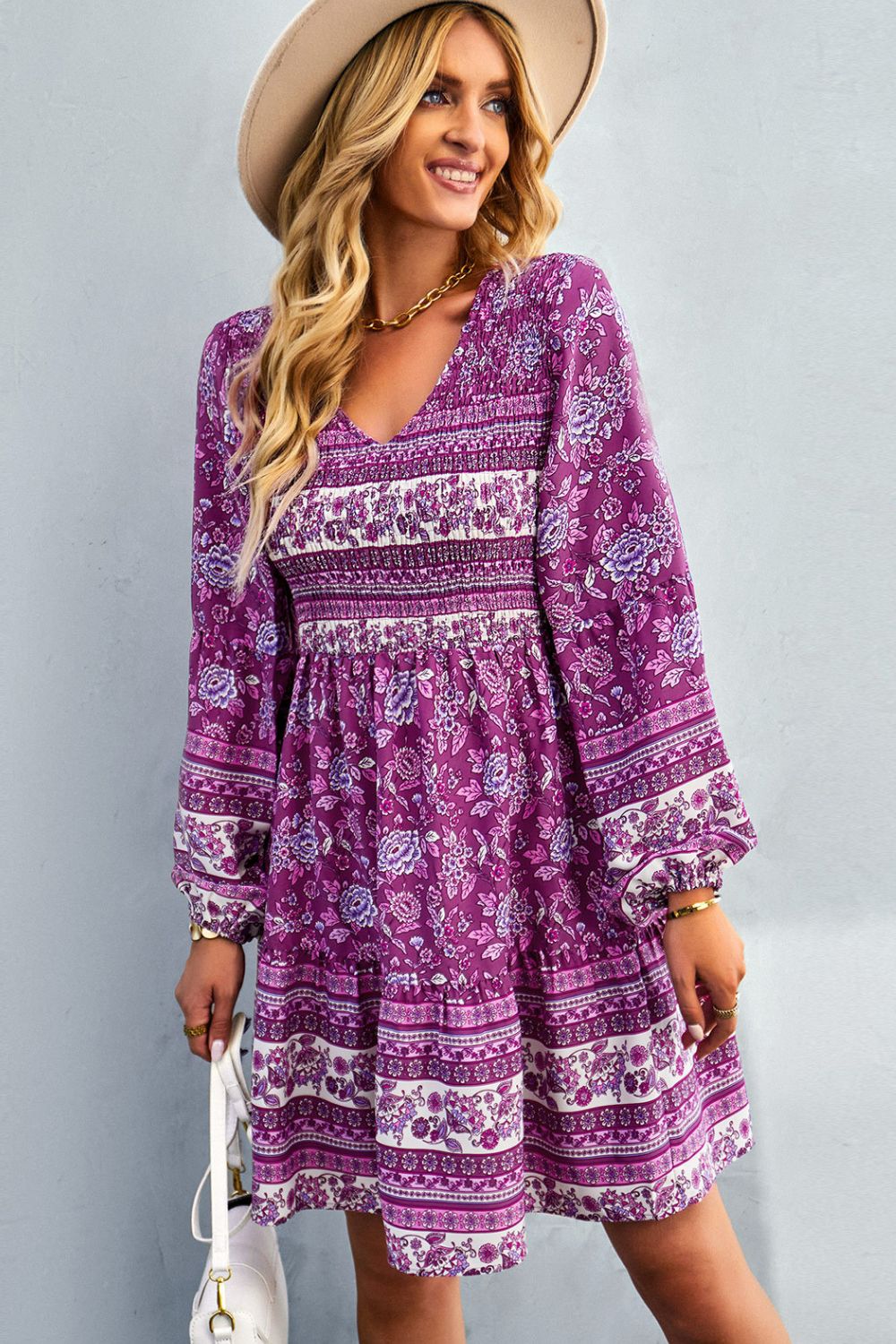 Bohemian V-Neck Balloon Sleeve Dress -