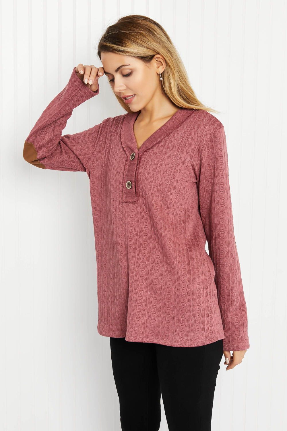 Heimish 'Round the Fire Cable-Texture Henley with Elbow Patches -