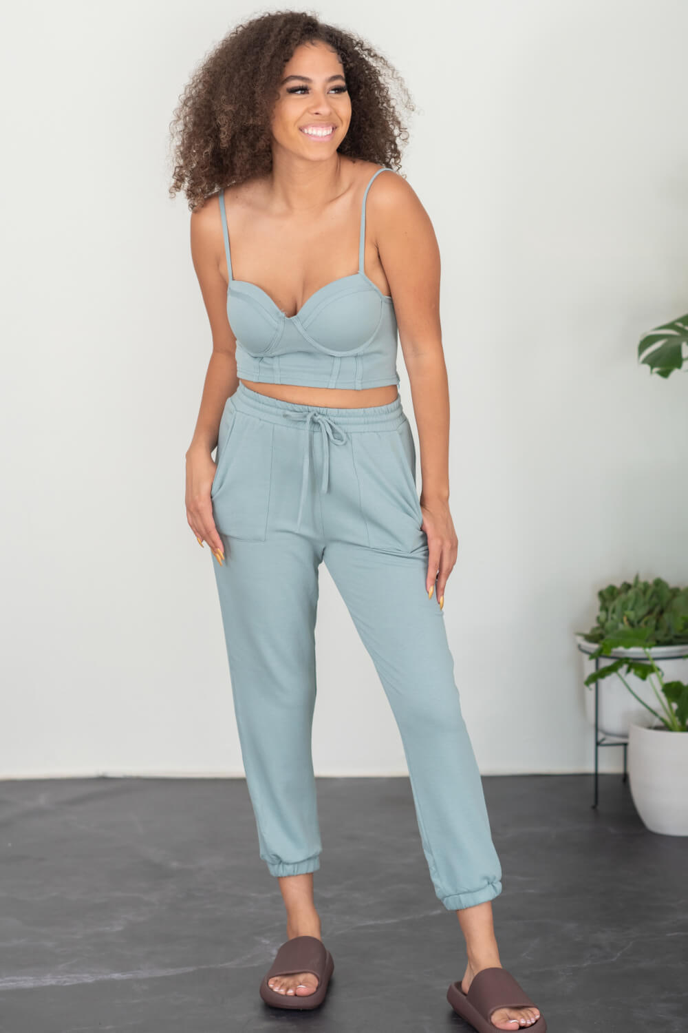 SHOPIRISBASIC Let's Do This Bustier and Joggers Lounge Set in Sage Green -