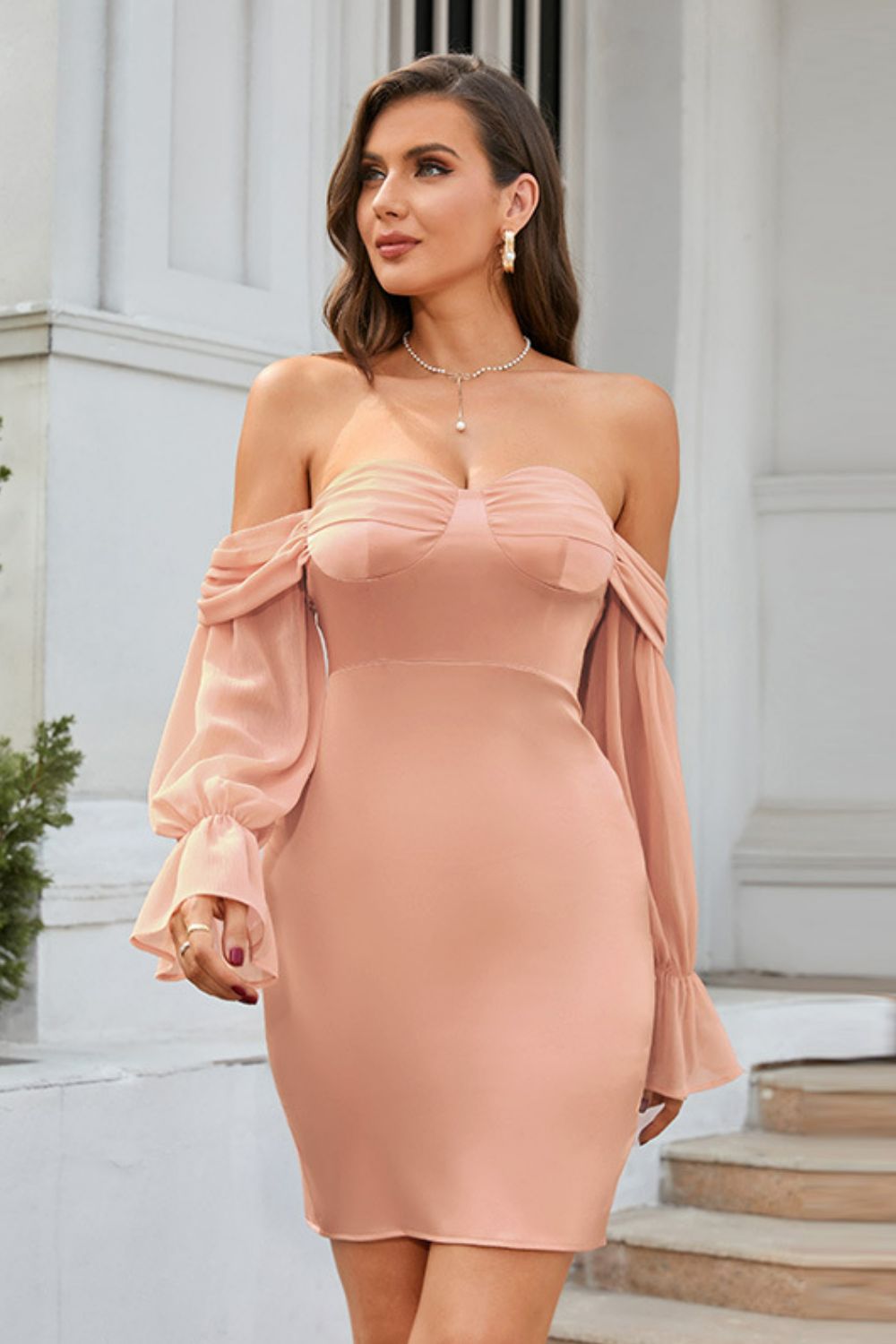 Off-Shoulder Flounce Sleeve Slit Dress -