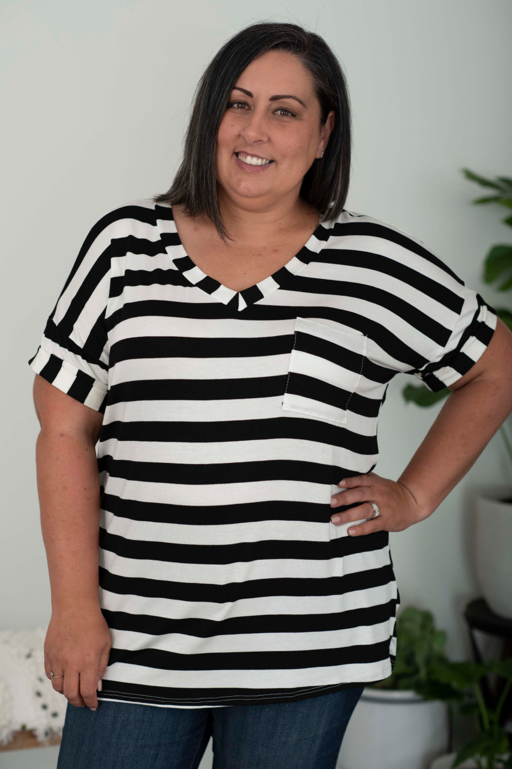 Sew In Love Out and About Striped Pocket Tee in Black and Ivory -