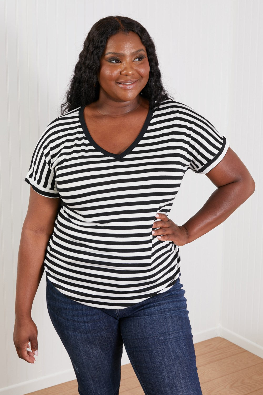 Sew In Love Everyday Essentials Striped V-Neck Tee - Black/White / S