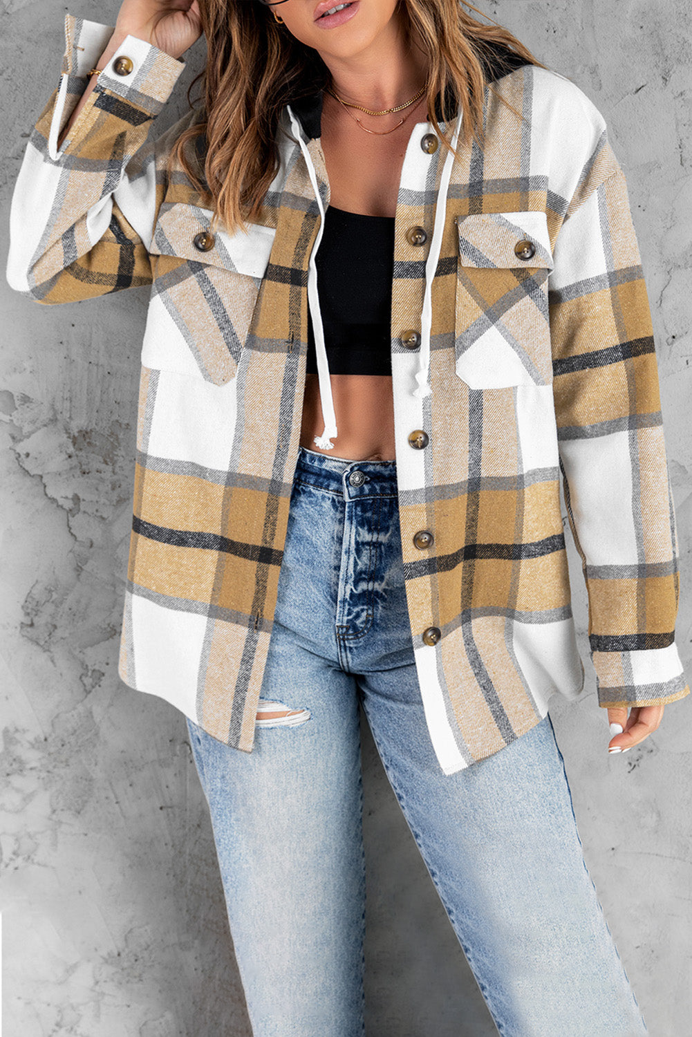 Plaid Button Down Hooded Shirt Jacket with Breast Pockets -