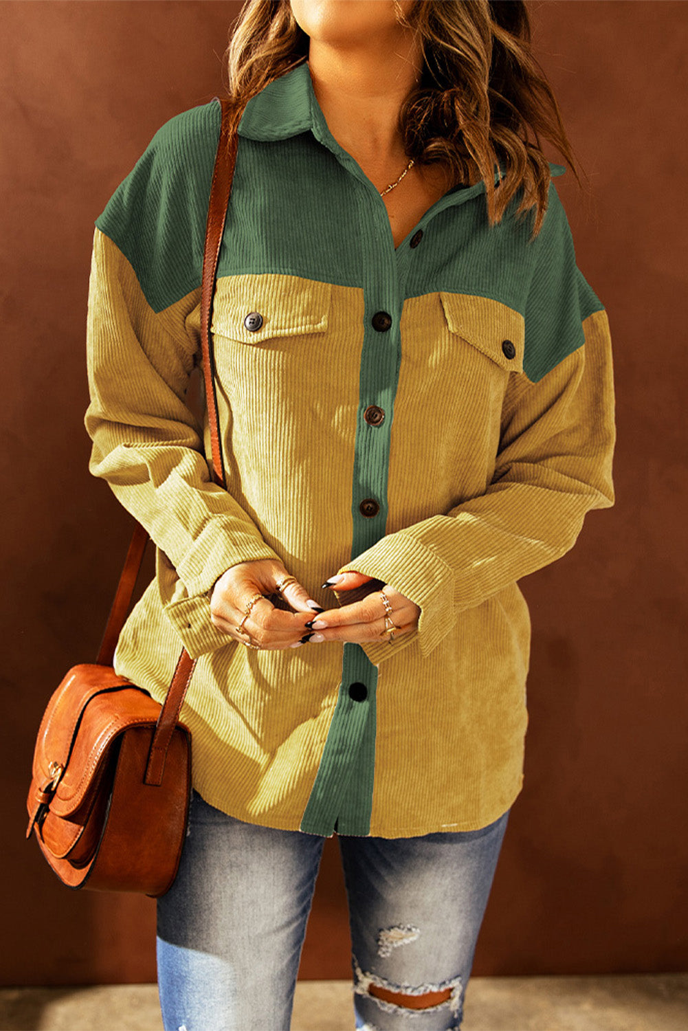 Color Block Button Front Corduroy Shirt Jacket - Yellow/Green / S