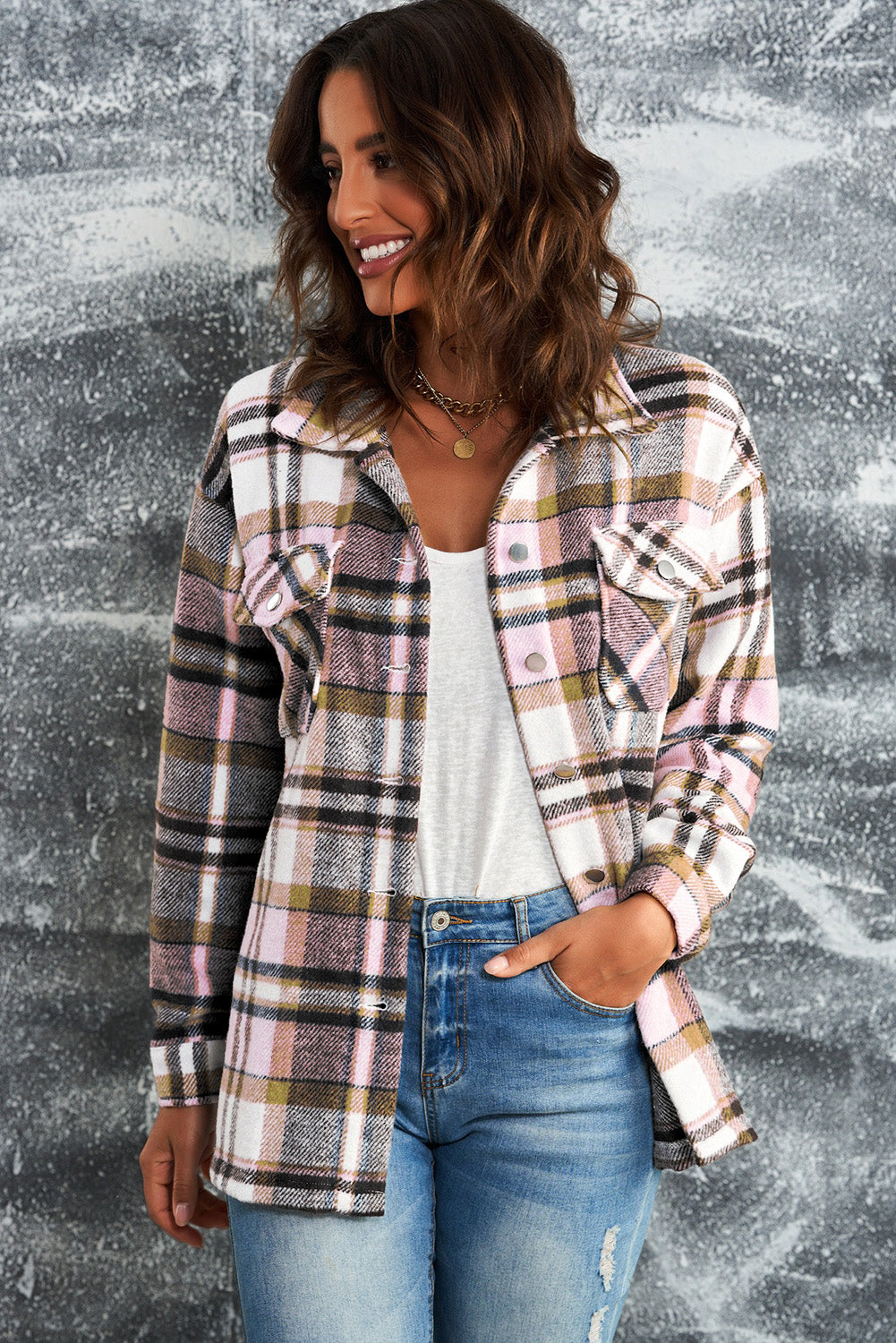 Plaid Button Front Shirt Jacket with Breast Pockets - Pink / S