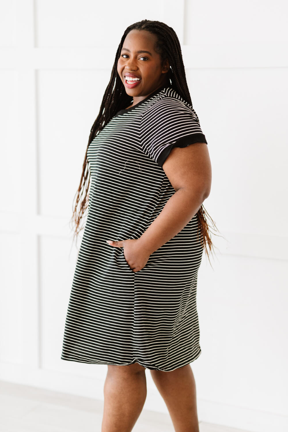 Cotton Bleu Simplicity is Best Full Size Striped T-Shirt Dress in Black -