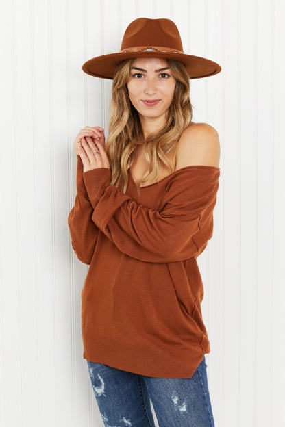 GeeGee Only the Best Full Size Rolled Edge V-Neck Sweater - Rust / S