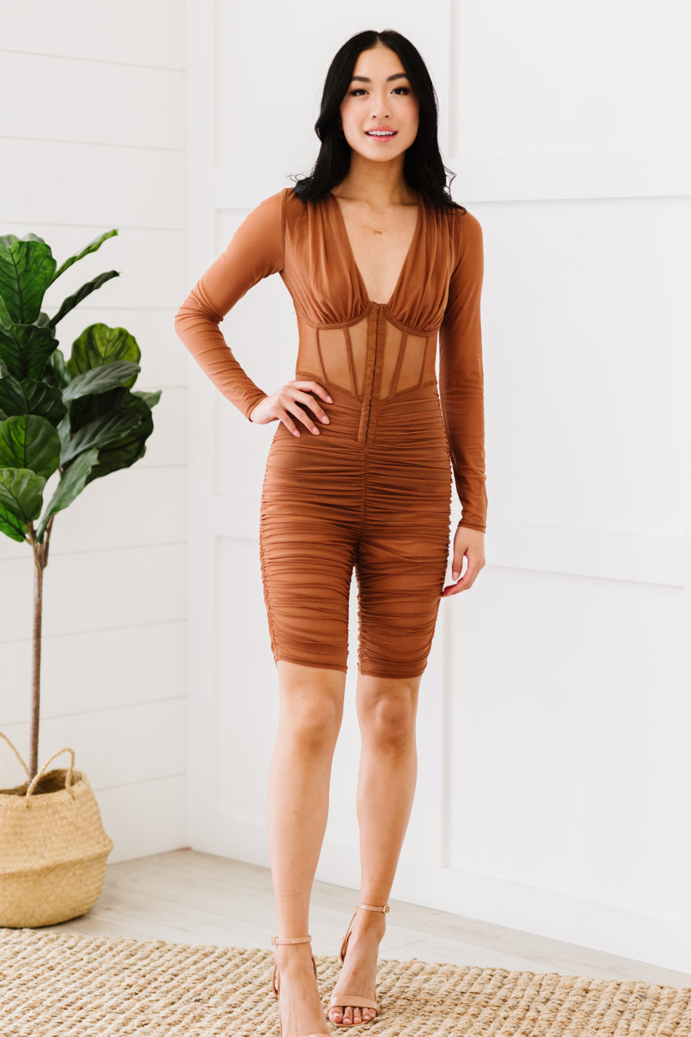 PRIVY Ruched Deep V Romper -