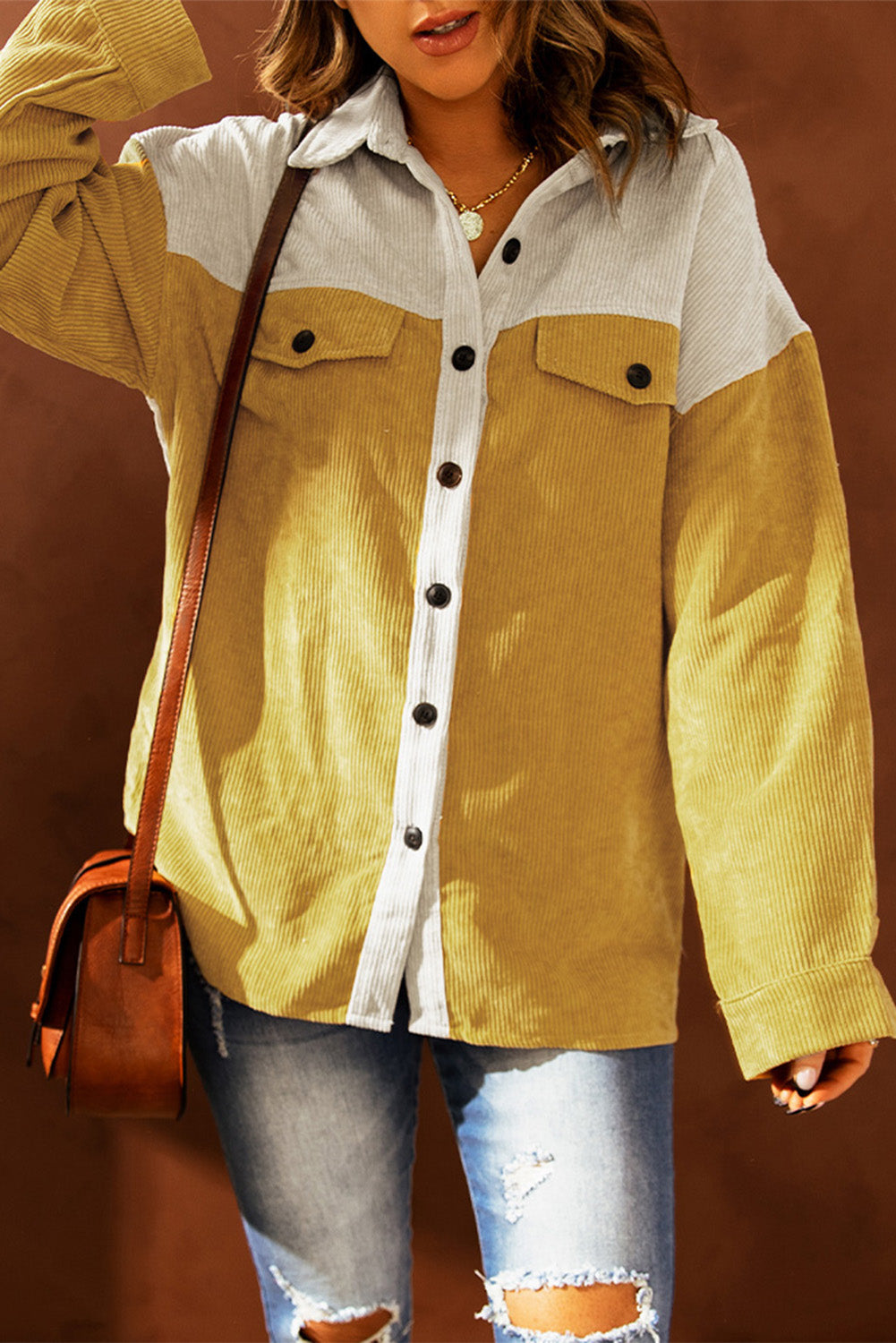 Color Block Button Front Corduroy Shirt Jacket -