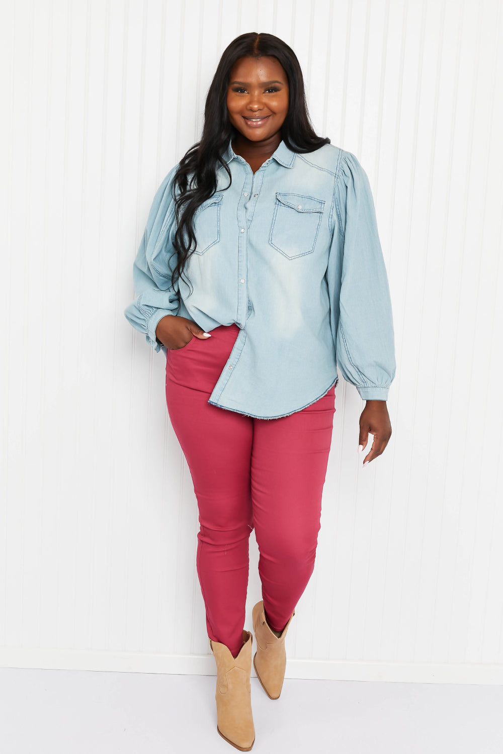 Davi & Dani Sitting Fireside Full Size Button Down Denim Shirt -