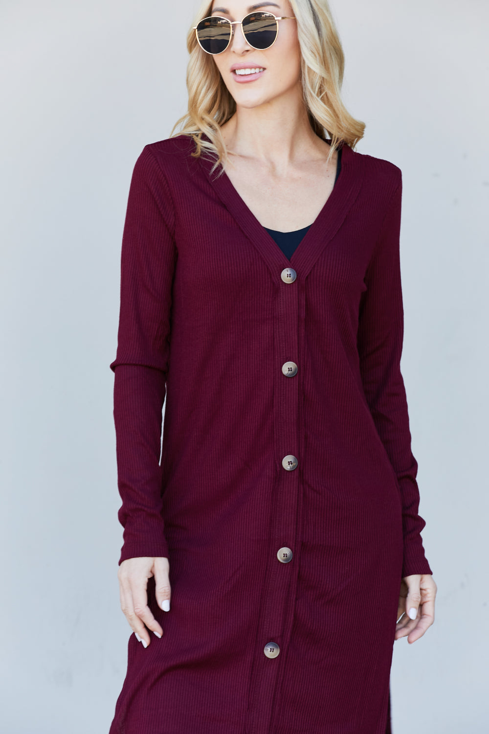 Zenana Autumn Aura Full Size Ribbed Longline Cardigan in Dark Burgundy -