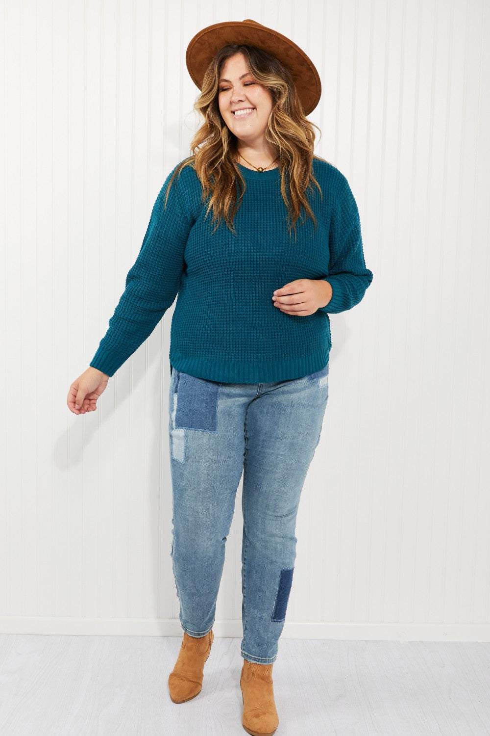 Zenana Autumn is Calling Full Size Waffle Knit Sweater in Teal -