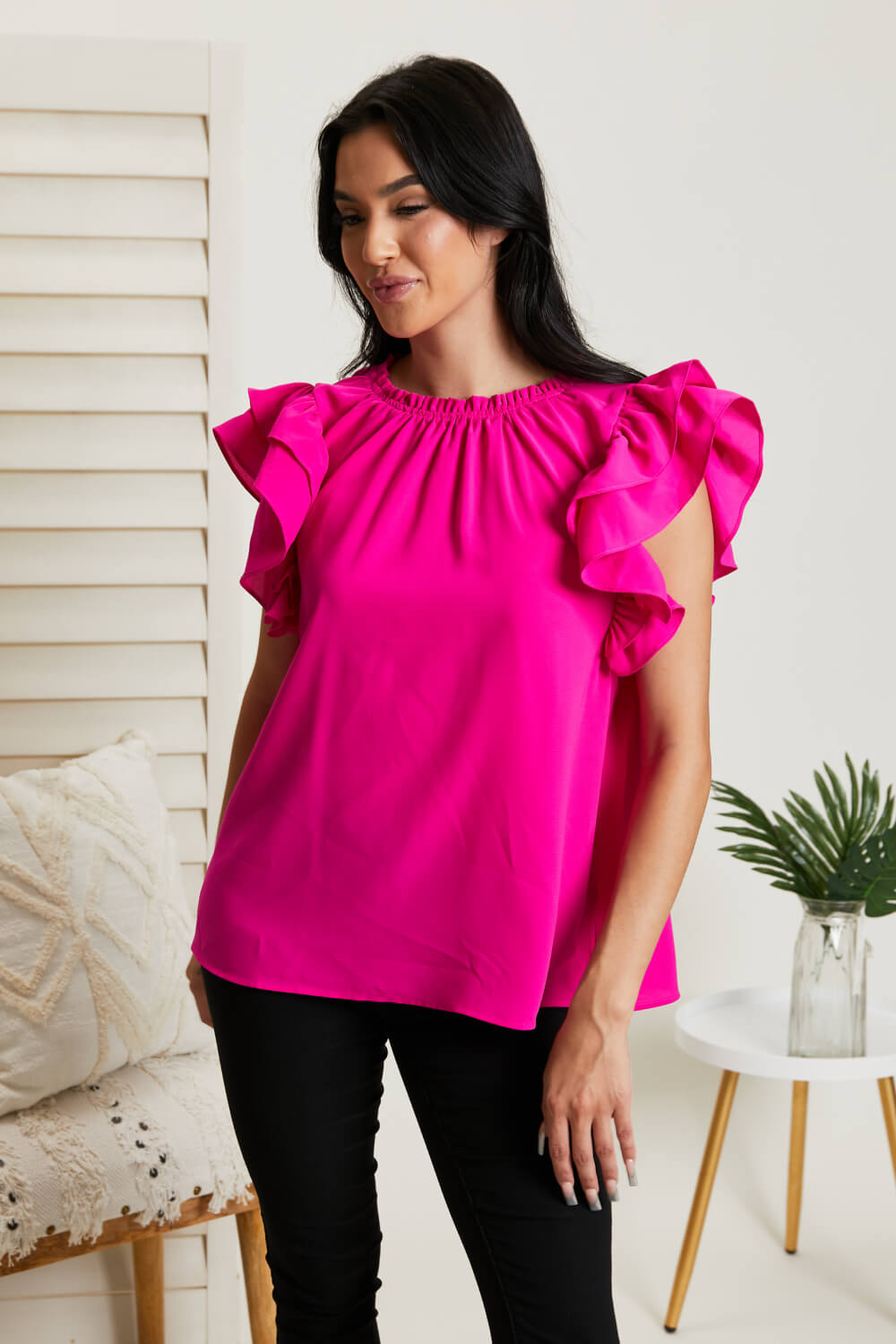 Glam Sweet Pea Ruffle Sleeve Top - Magenta / S