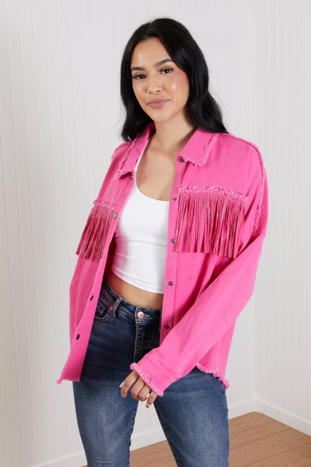 GeeGee Southwest Rhinestone Fringe Detail Shirt Jacket -