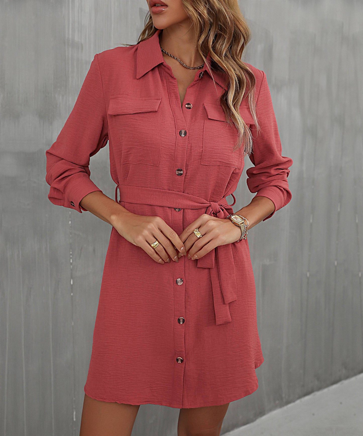 Button Down Belted Long Sleeve Shirt Dress -