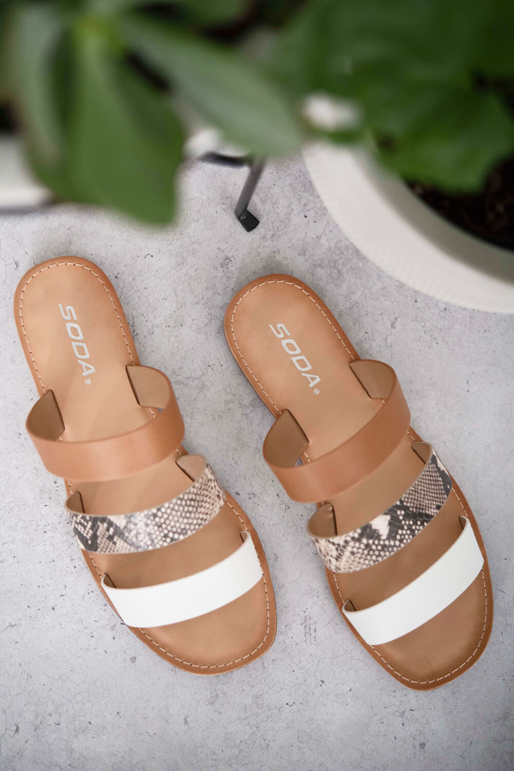 SODA Begin Anew Snakeskin Tri-Strap Sandals -