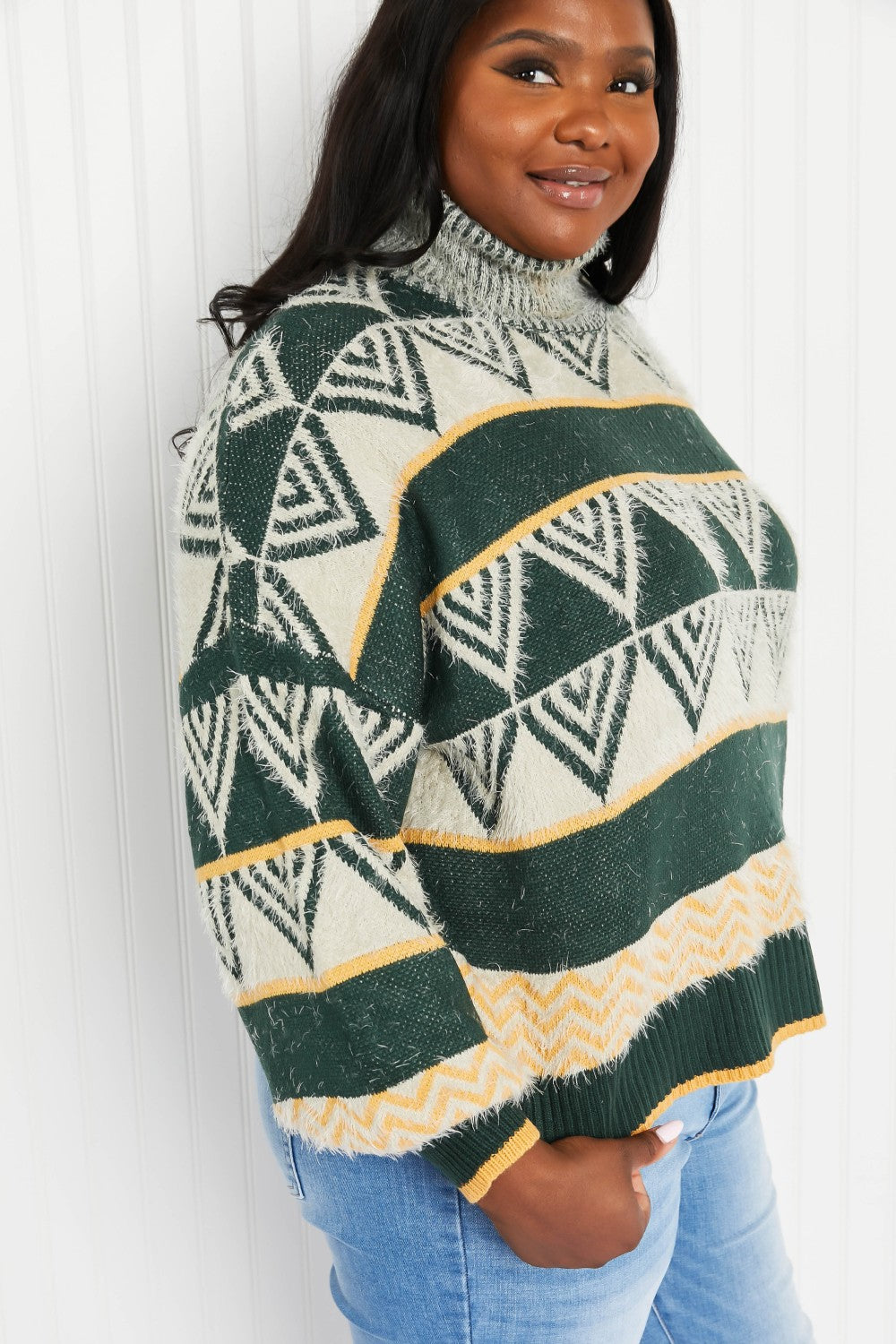 Davi & Dani Cozy Weather Full Size Geometric Fuzzy Turtleneck Sweater in Green -