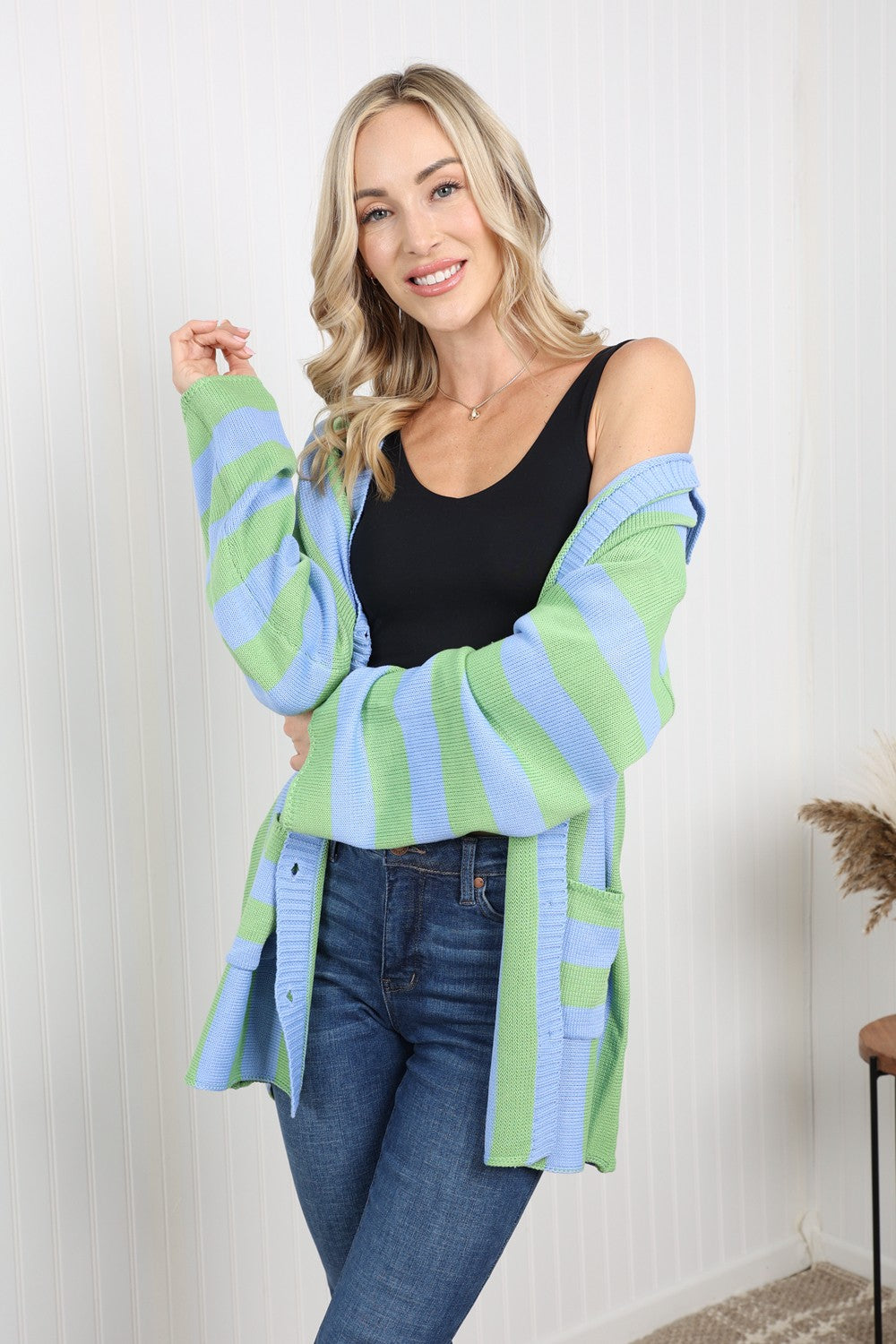 Petal Dew Striped Button-Up Pocket Cardigan - Blue/Green / S