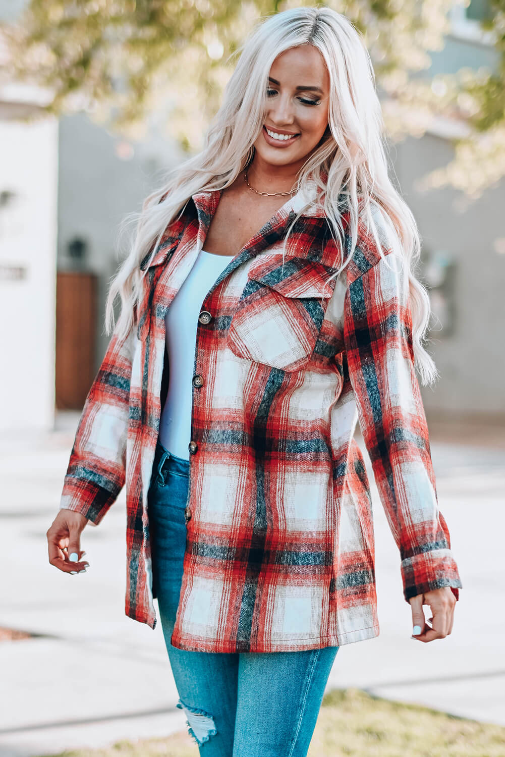 Plaid Button Up Shirt Jacket with Pockets -