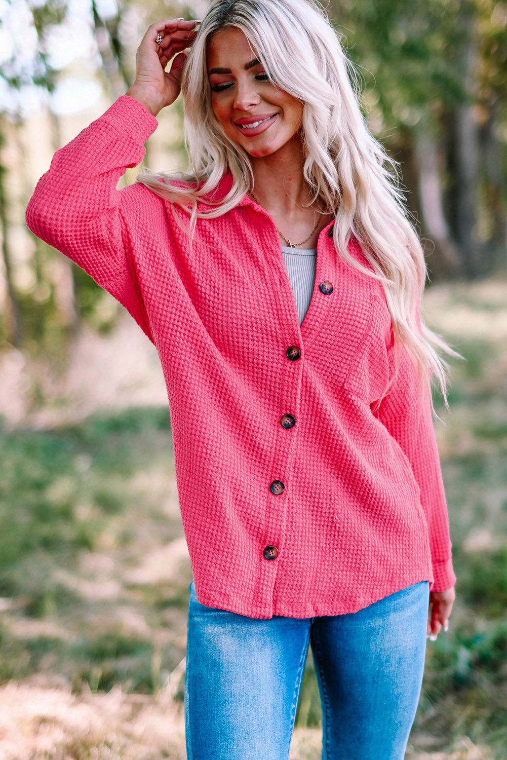 Waffle-Knit Button-Up Shirt Jacket -