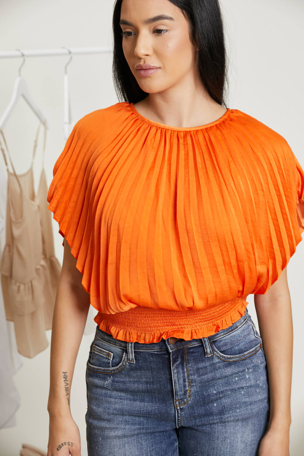 Glam Positively Glowing Pleated Smock Waist Top -