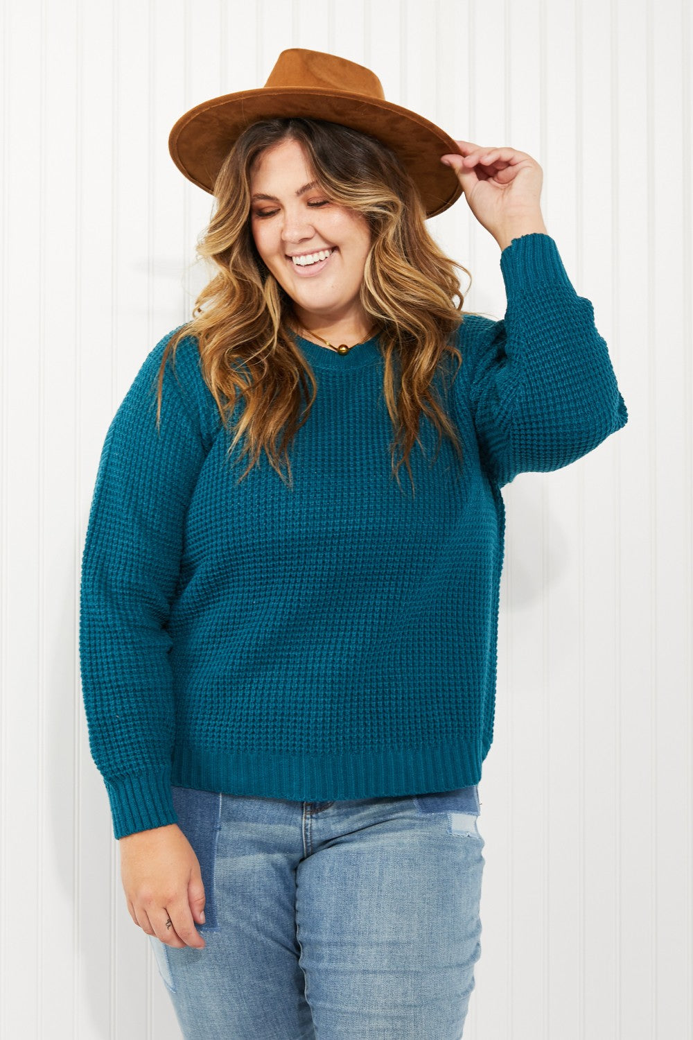 Zenana Autumn is Calling Full Size Waffle Knit Sweater in Teal -