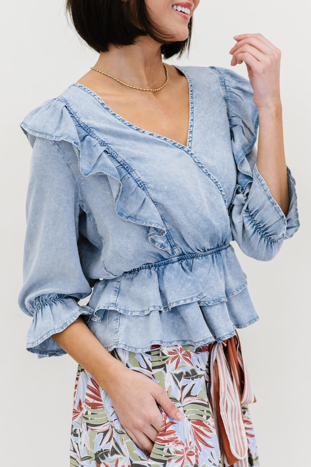 Doe & Rae Miss You Denim Ruffle Peplum Top -