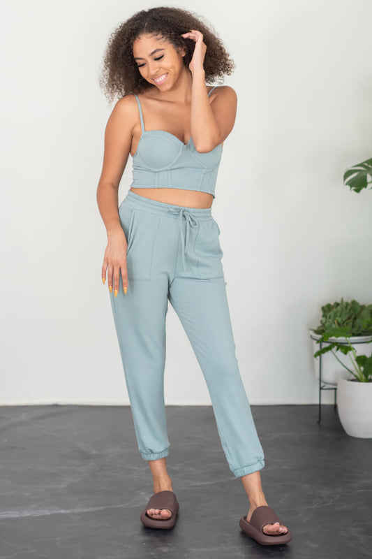 SHOPIRISBASIC Let's Do This Bustier and Joggers Lounge Set in Sage Green - Sage Green / S