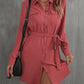 Button Down Belted Long Sleeve Shirt Dress -