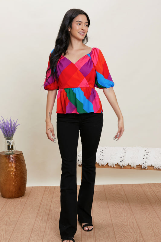 Skies Are Blue Colorful Day Color Block Peplum Top -