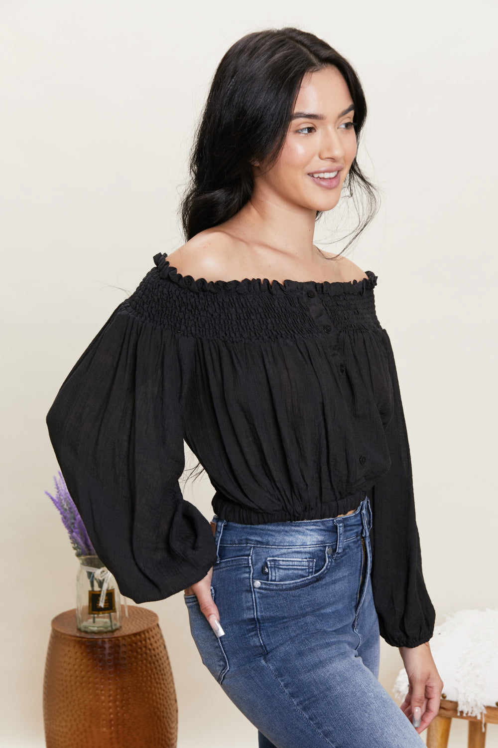 HYFVE Never Too Chic Off-Shoulder Button Front Crop Top -