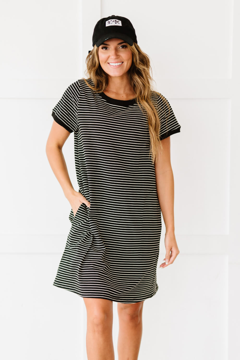 Cotton Bleu Simplicity is Best Full Size Striped T-Shirt Dress in Black - Black / S