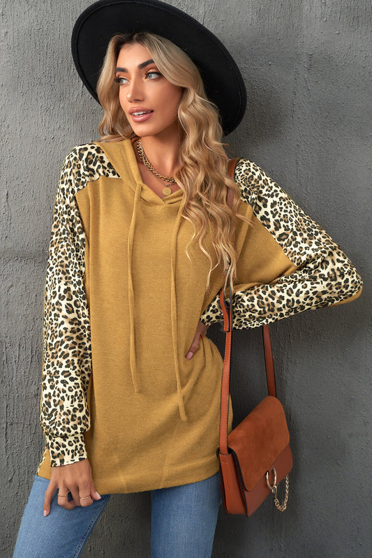 Leopard Print Sleeve Drawstring Hoodie - Yellow / S