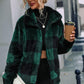 Plaid Zip Up Collared Plush Jacket - Green / S