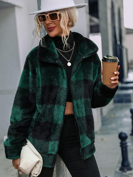 Plaid Zip Up Collared Plush Jacket - Green / S