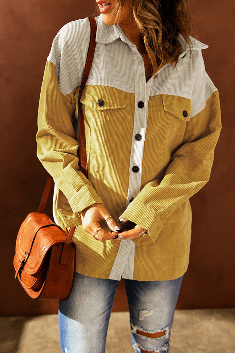 Color Block Button Front Corduroy Shirt Jacket -