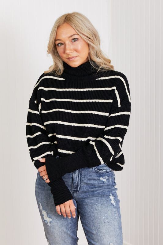 CY Fashion No Worries Striped Turtleneck Sweater - Black / S