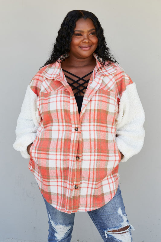 Davi & Dani Somewhere in Seattle Plaid Teddy Sleeve Shacket - Orange / S