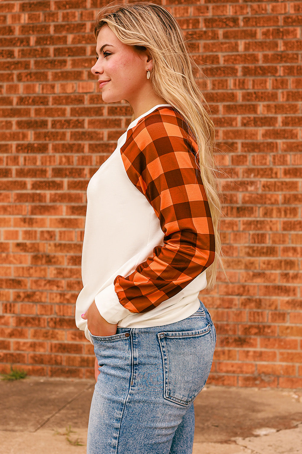 Plaid Contrast Raglan Sleeve Top -