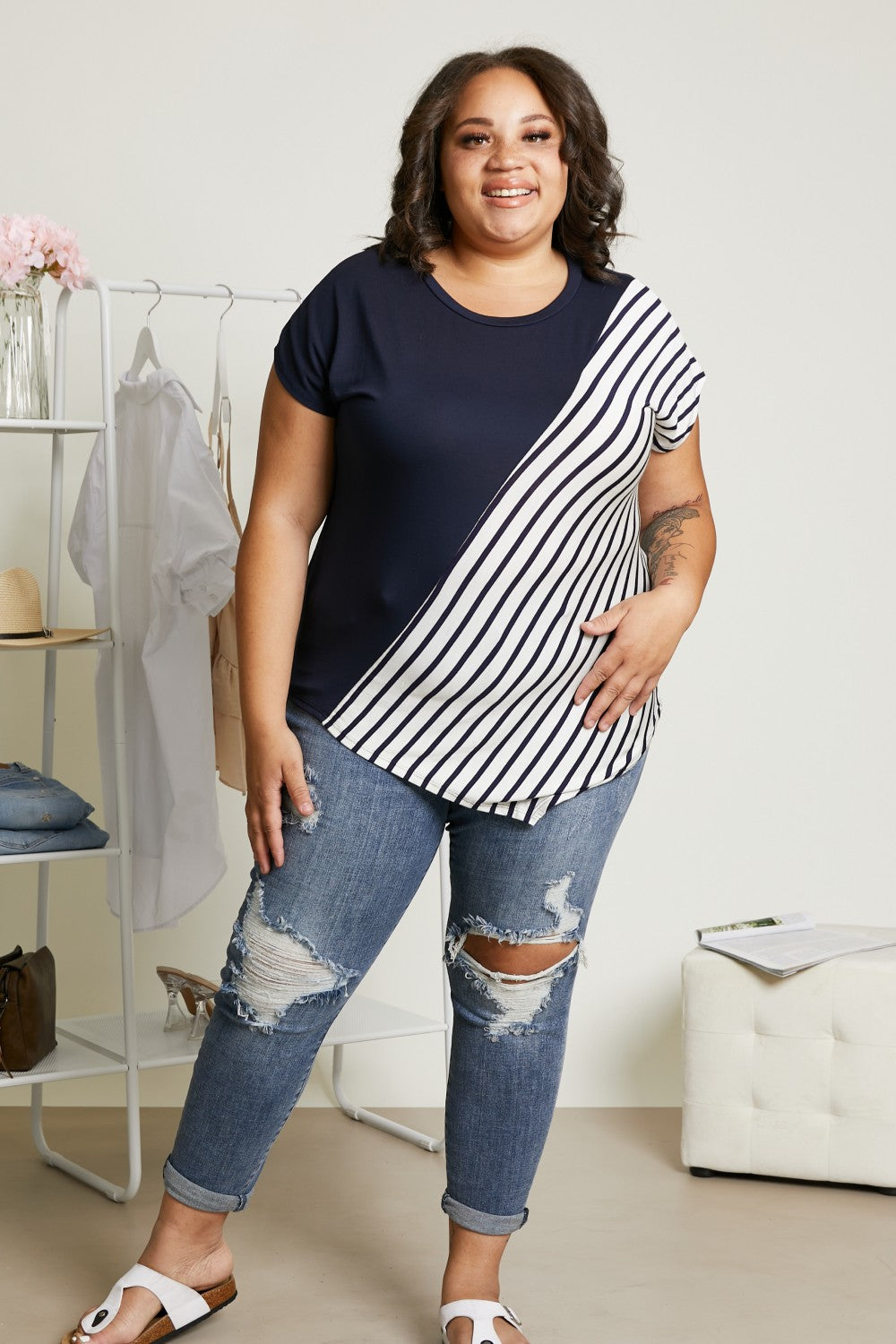 Sew In Love Spoonful of Sugar Striped Color Block Tee in Navy -