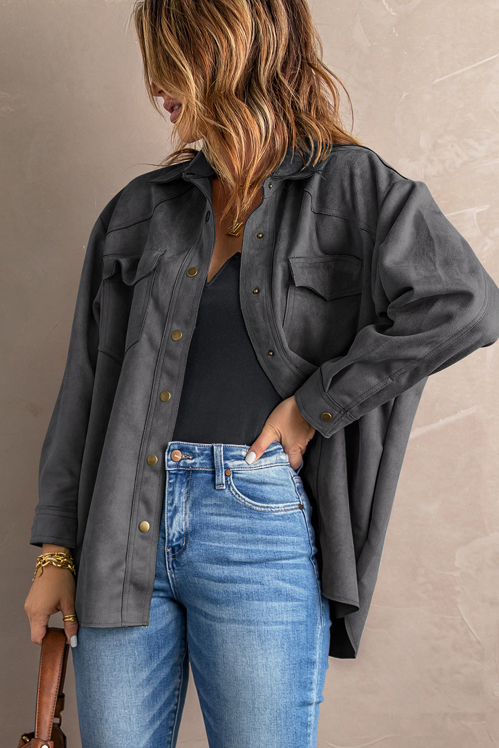 Snap Down Suede Jacket with Breast Pockets -