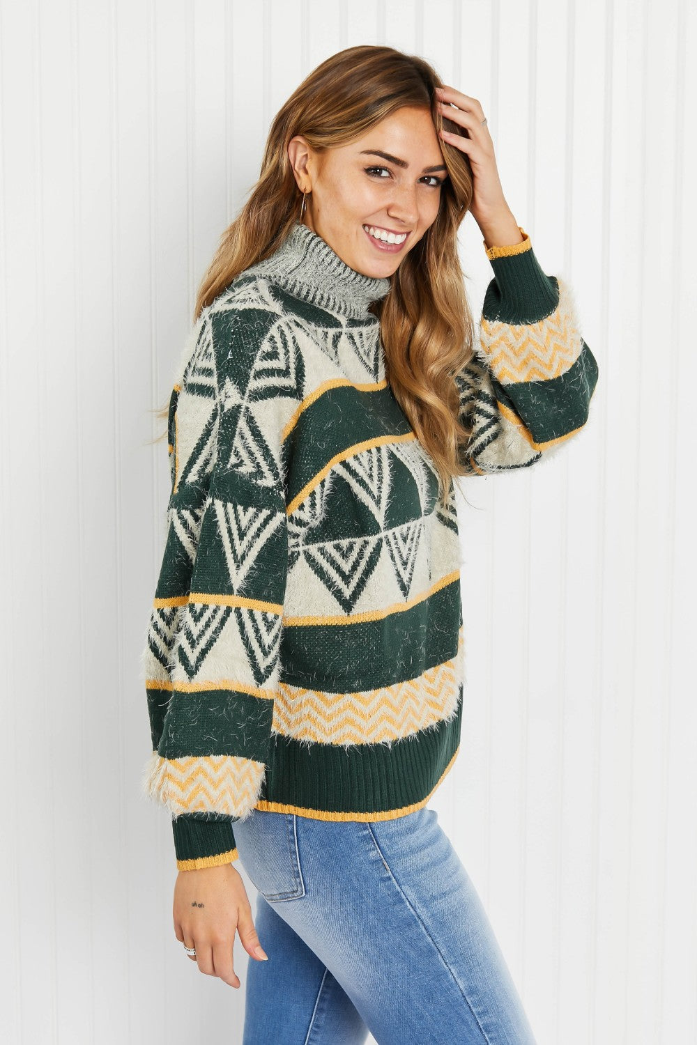 Davi & Dani Cozy Weather Full Size Geometric Fuzzy Turtleneck Sweater in Green -