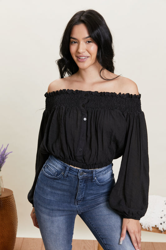 HYFVE Never Too Chic Off-Shoulder Button Front Crop Top - Black / S