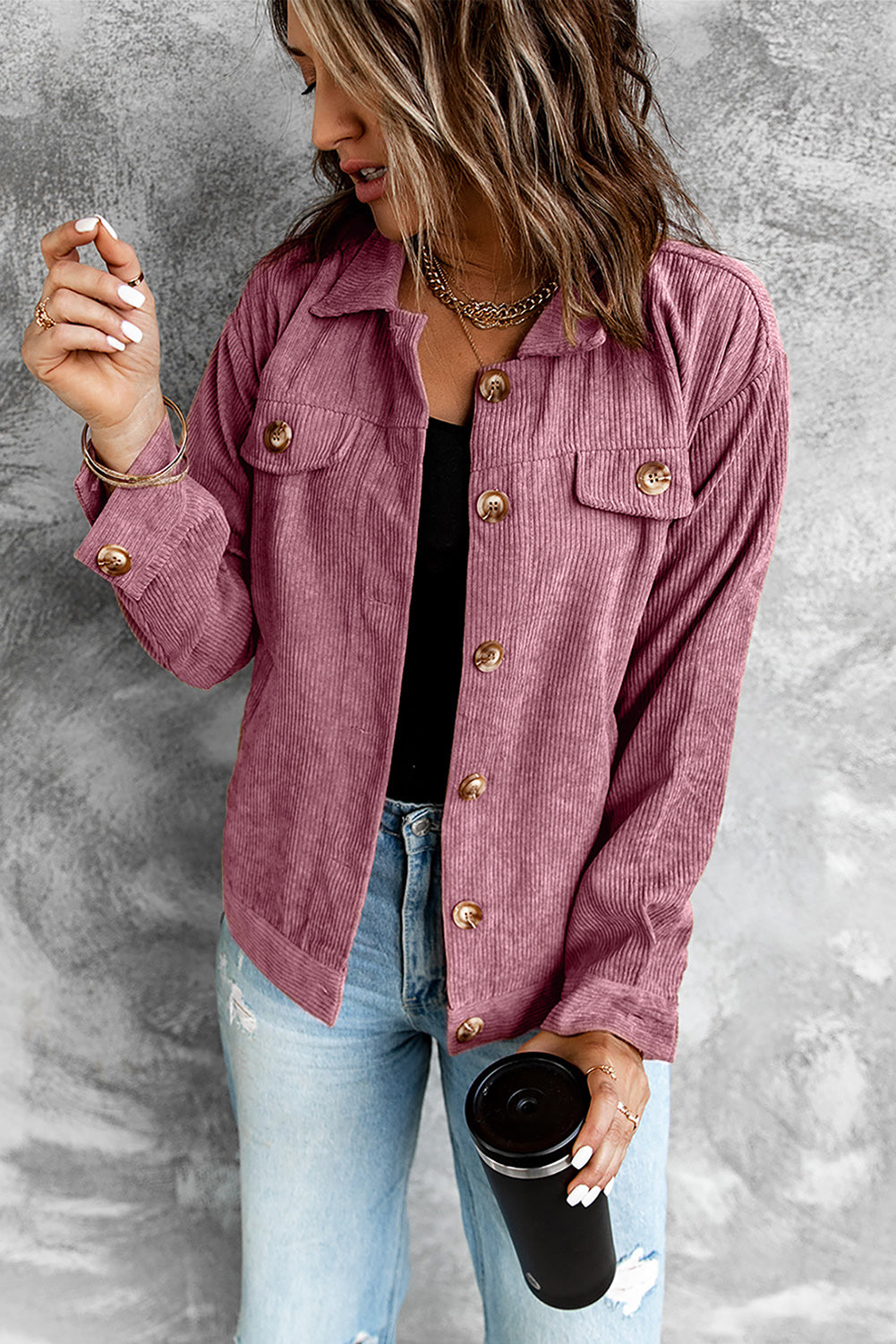 Corduroy Long Sleeve Jacket - Pink / S