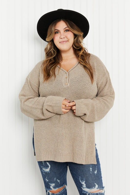 GeeGee Full Size Waffle Knit Henley Sweater - Sand / S