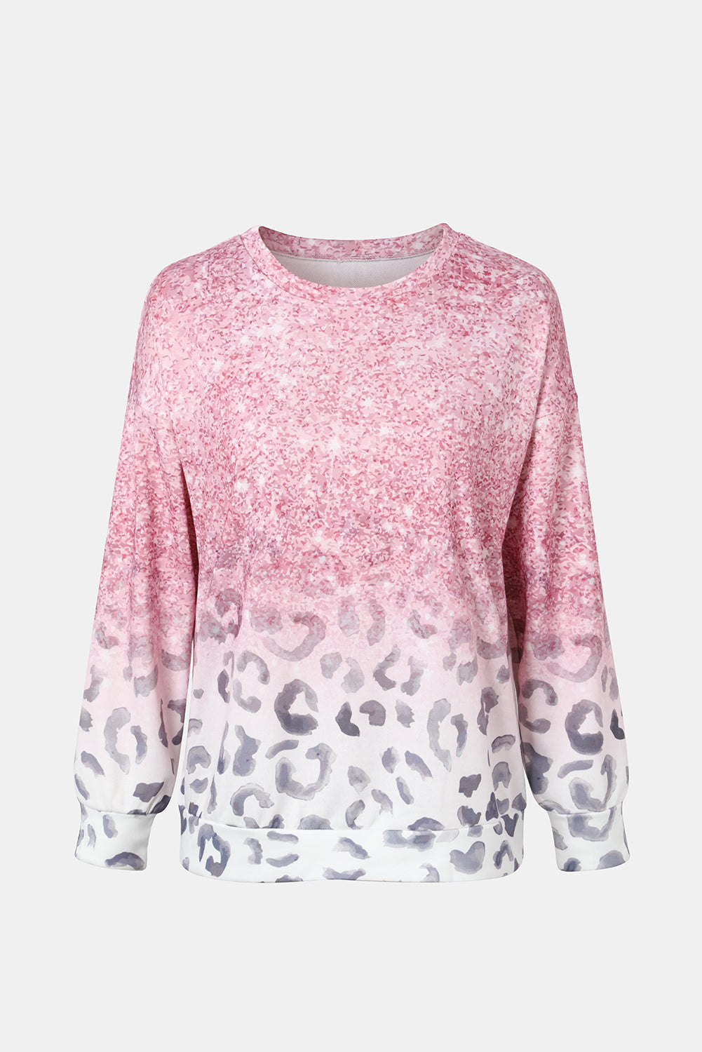 Leopard Gradient Round Neck Dropped Shoulder Top - Pink / S